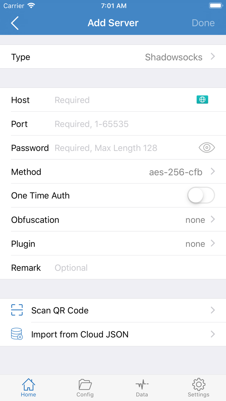 Shadowrocket公式のAdd Server画面。Type、Host、Port、Password、MethodとQRコード読み込みの入口を表示
